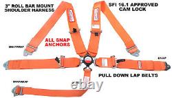 Orange Seat Belt Racing Harness 5 Point 3 Cam Lock Sfi 16.1 Snap In Anchors