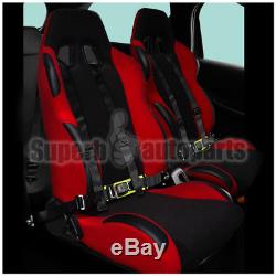Pair Black Racing Seat Belts 4 Point 4PT Safety Harness+Black/Red Racing Seats