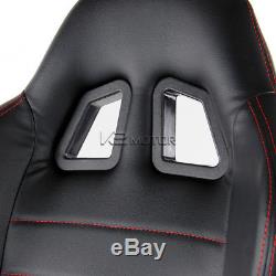 Pair Black Red PVC Leather Reclinable Racing Seats+4 Point Seat Belt Harness