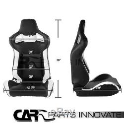Pair JDM T-R Black White PVC Racing Seats Reclinable+4-PT Seat Belt Harness