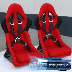 Pair Of Red Fiberglass Cloth Racing Bucket Seats + 2x 4 Point Racing Seat Belt
