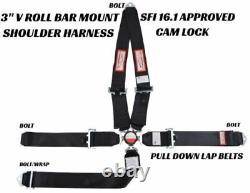 Pull Down Race Harness Seat Belt Sfi 16.1 Cam Lock Made In The USA Bolt In Black