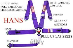 Purple Snap In Clip In 3 Race Harness Seat Belt Sfi 16.1 With Hans Cam Lock