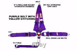 Purple & Yellow Stitching Safety Harness Sfi 16.1 Cam Lock 5 Point V Belt 3