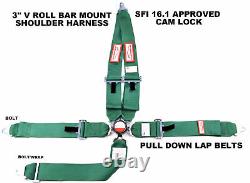 Race Harness Seat Belt Sfi 16.1 5 Point V Roll Bar Mount 3 Cam Lock Dark Green