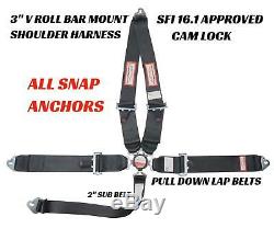 Racing Harness Seat Belt 5 Point Black Sfi 16.1 Cam Lock Snap Clip Anchors