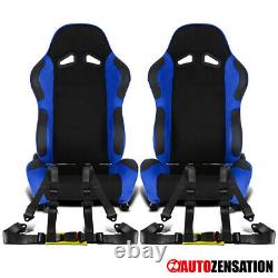 Reclinable Black Blue Suede PVC Leather Racing Seats+4-Point Belts Harnesses