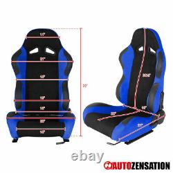 Reclinable Black Blue Suede PVC Leather Racing Seats+4-Point Belts Harnesses
