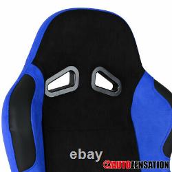Reclinable Black Blue Suede PVC Leather Racing Seats+4-Point Belts Harnesses