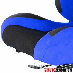 Reclinable Black Blue Suede PVC Leather Racing Seats+4-Point Belts Harnesses