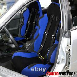 Reclinable Black Blue Suede PVC Leather Racing Seats+4-Point Belts Harnesses