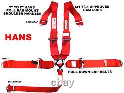 Red Hans Safety Race Harness Cam Lock Racing Sfi 16.1 5 Point Seat Belt