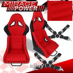 Red Racing Fiberglass Cloth Racing Seats + Pair 4 Point 2 Safety Seat Belts