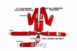 Sfi 16.1 Racing Harness 5 Point Seat Belt Floor Mount 3 Cam Lock Red