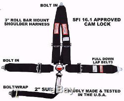 Sfi 16.1 Racing Harness 5 Point V Roll Bar Mount 3 Cam Lock Seat Belt Black