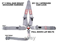 Sfi 16.1 Racing Harness 5 Point V Roll Bar Mount 3 Cam Lock Seat Belt Grey