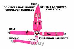 Sfi 16.1 Racing Harness 5 Point V Roll Bar Mount 3 Cam Lock Seat Belt Hot Pink