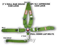 Sfi 16.1 Racing Harness 5 Point V Roll Bar Mount 3 Cam Lock Seat Belt Lime Grn