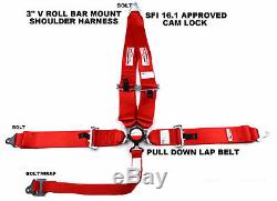 Sfi 16.1 Racing Harness 5 Point V Roll Bar Mount 3 Cam Lock Seat Belt Red