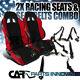 T-R Black Red Cloth PVC Reclinable Racing Bucket Seats Pair withBlack Belt Harness