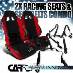 T-R Black Red Cloth PVC Reclinable Racing Bucket Seats Pair withBlack Belt Harness