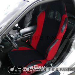 T-R Black Red Cloth PVC Reclinable Racing Bucket Seats Pair withBlack Belt Harness
