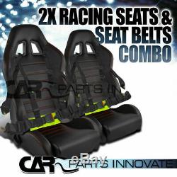 T-R Type JDM Black PVC Reclinable Racing Bucket Seats+4 Point Seat Belts Harness