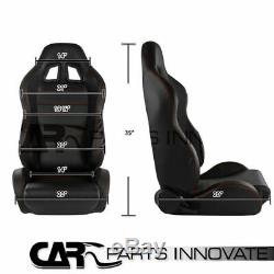 T-R Type JDM Black PVC Reclinable Racing Bucket Seats+4 Point Seat Belts Harness