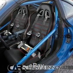 T-R Type JDM Black PVC Reclinable Racing Bucket Seats+4 Point Seat Belts Harness