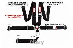Wrap In Seat Belt Black 5 Point Floor Mount 3 Racing Cam Lock Sfi 16.1 Harness